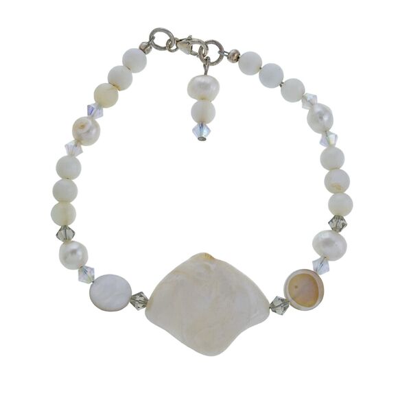 Vintage Sterling Silver 925 Clasp Mother Of Pearl Crystal Beaded Bracelet 7.75" - Picture 2 of 5